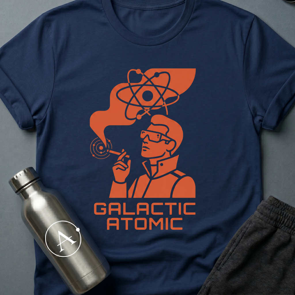 Apsion Outpost graphic t-shirt 'Trusted Since the Empire' in Navy — atomic-age mascot in dressing gown with sunglasses, smoking under an atom symbol. On-shirt text reads GALACTIC ATOMIC.