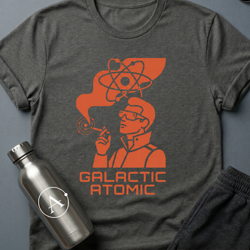 Apsion Outpost graphic t-shirt 'Trusted Since the Empire' in Dark Heather — atomic-age mascot in dressing gown with sunglasses, smoking under an atom symbol. On-shirt text reads GALACTIC ATOMIC.