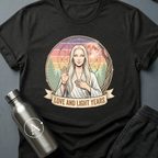 Astral Wellness Guru (F) sci-fi t-shirt — a long-haired wellness guru blessing the cosmos, surrounded by pastel rainbow rays and sacred geometry — Black unisex tee — Apsion Outpost