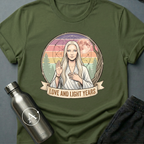 Astral Wellness Guru (F) sci-fi t-shirt — a long-haired wellness guru blessing the cosmos, surrounded by pastel rainbow rays and sacred geometry — Military Green unisex tee — Apsion Outpost