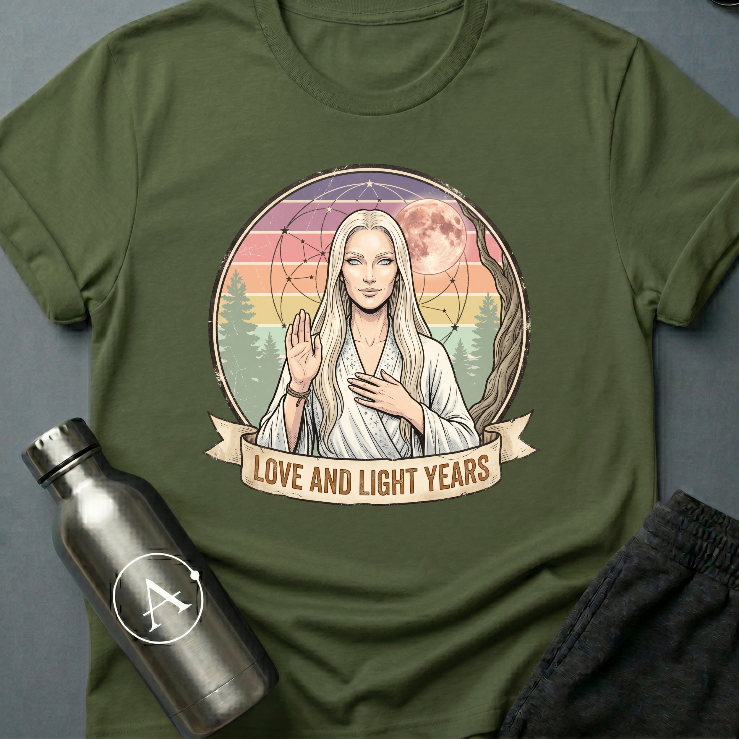 Astral Wellness Guru (F) sci-fi t-shirt — a long-haired wellness guru blessing the cosmos, surrounded by pastel rainbow rays and sacred geometry — Military Green unisex tee — Apsion Outpost