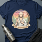 Astral Wellness Guru (F) sci-fi t-shirt — a long-haired wellness guru blessing the cosmos, surrounded by pastel rainbow rays and sacred geometry — Navy unisex tee — Apsion Outpost
