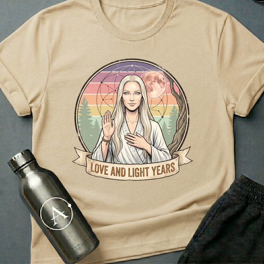 Astral Wellness Guru (F) sci-fi t-shirt — a long-haired wellness guru blessing the cosmos, surrounded by pastel rainbow rays and sacred geometry — Natural unisex tee — Apsion Outpost