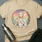 Astral Wellness Guru (F) sci-fi t-shirt — a long-haired wellness guru blessing the cosmos, surrounded by pastel rainbow rays and sacred geometry — Natural unisex tee — Apsion Outpost