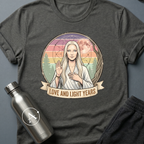 Astral Wellness Guru (F) sci-fi t-shirt — a long-haired wellness guru blessing the cosmos, surrounded by pastel rainbow rays and sacred geometry — Dark Heather unisex tee — Apsion Outpost