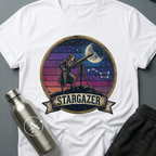 Backyard Astronomer (F) sci-fi t-shirt — a vintage figure at a tripod telescope under a starry sky with a sunset-stripes sun behind — White unisex tee — Apsion Outpost