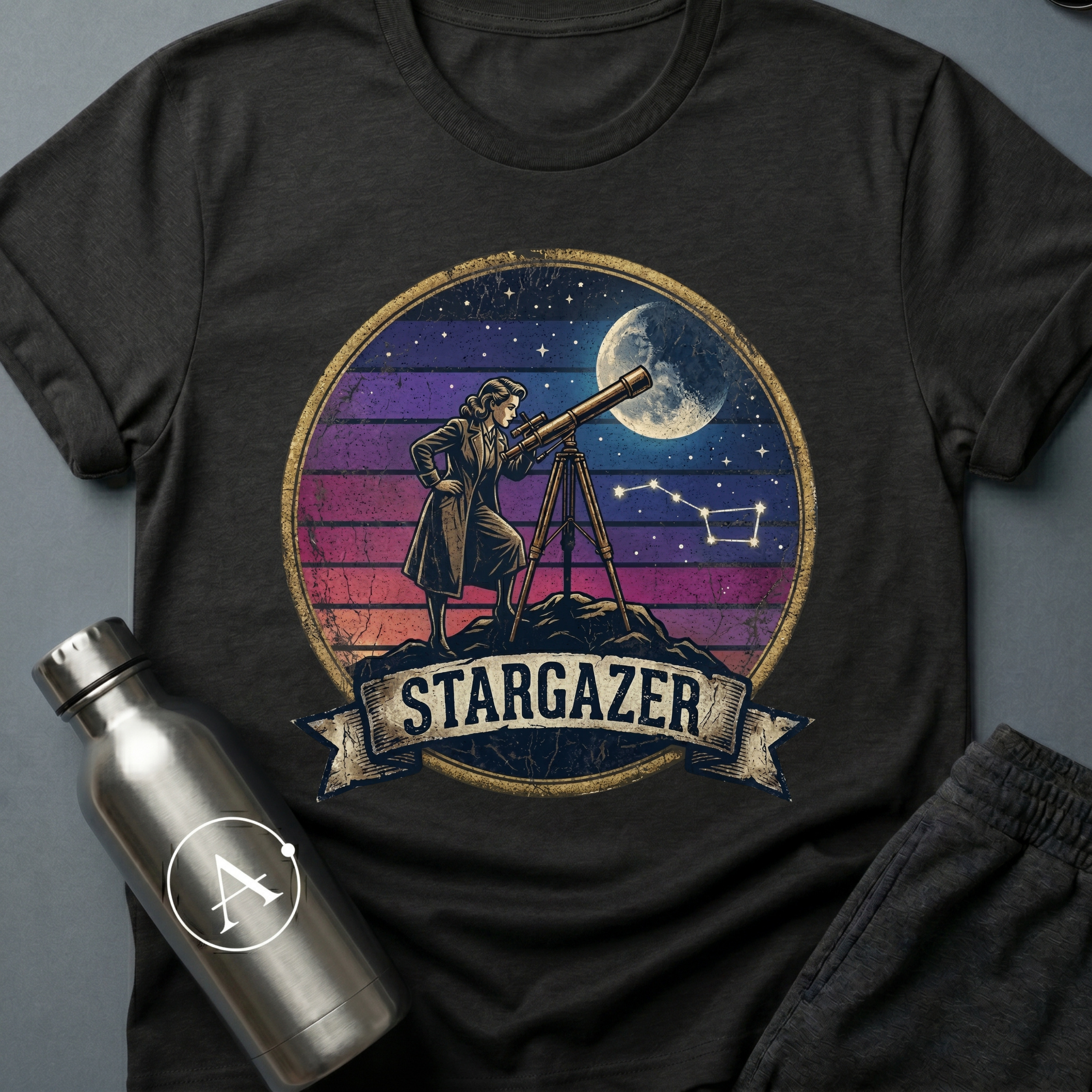 Backyard Astronomer (F) sci-fi t-shirt — a vintage figure at a tripod telescope under a starry sky with a sunset-stripes sun behind — Black unisex tee — Apsion Outpost