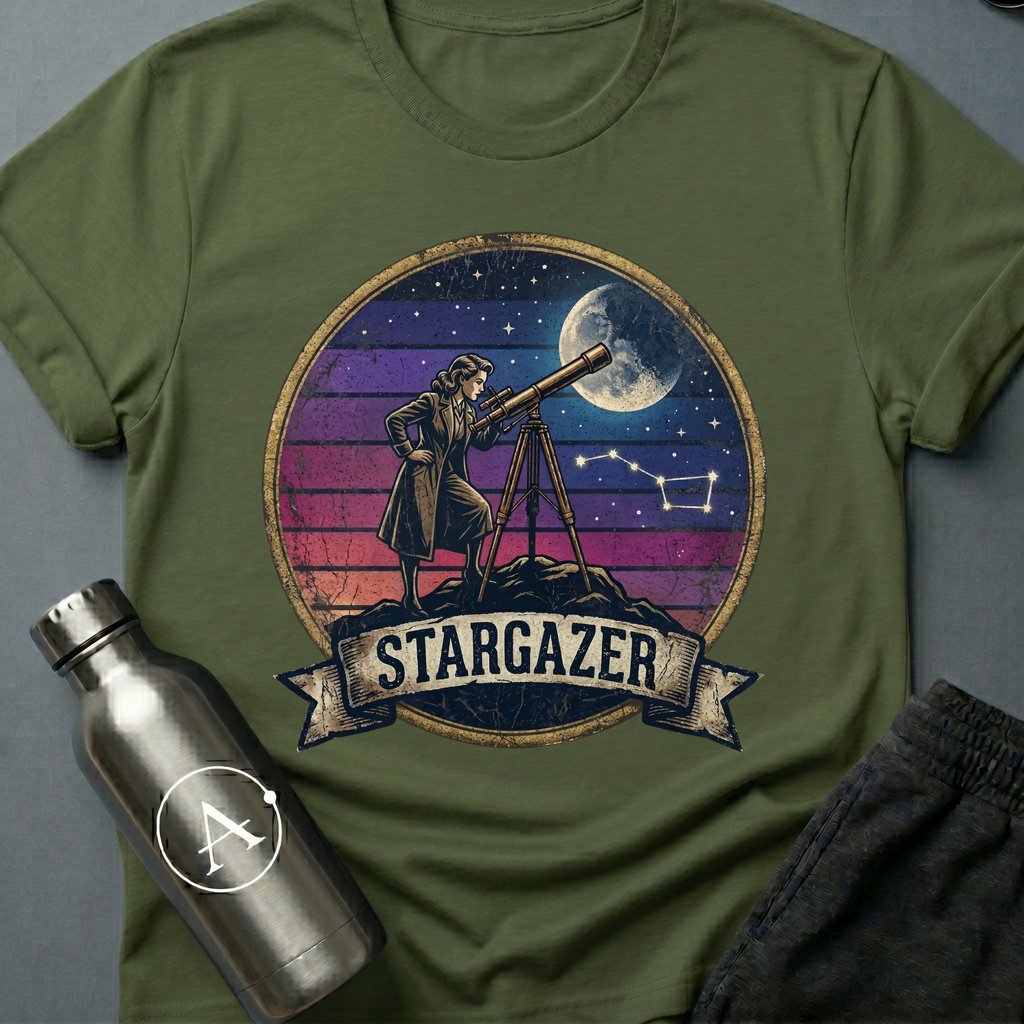 Backyard Astronomer (F) sci-fi t-shirt — a vintage figure at a tripod telescope under a starry sky with a sunset-stripes sun behind — Military Green unisex tee — Apsion Outpost