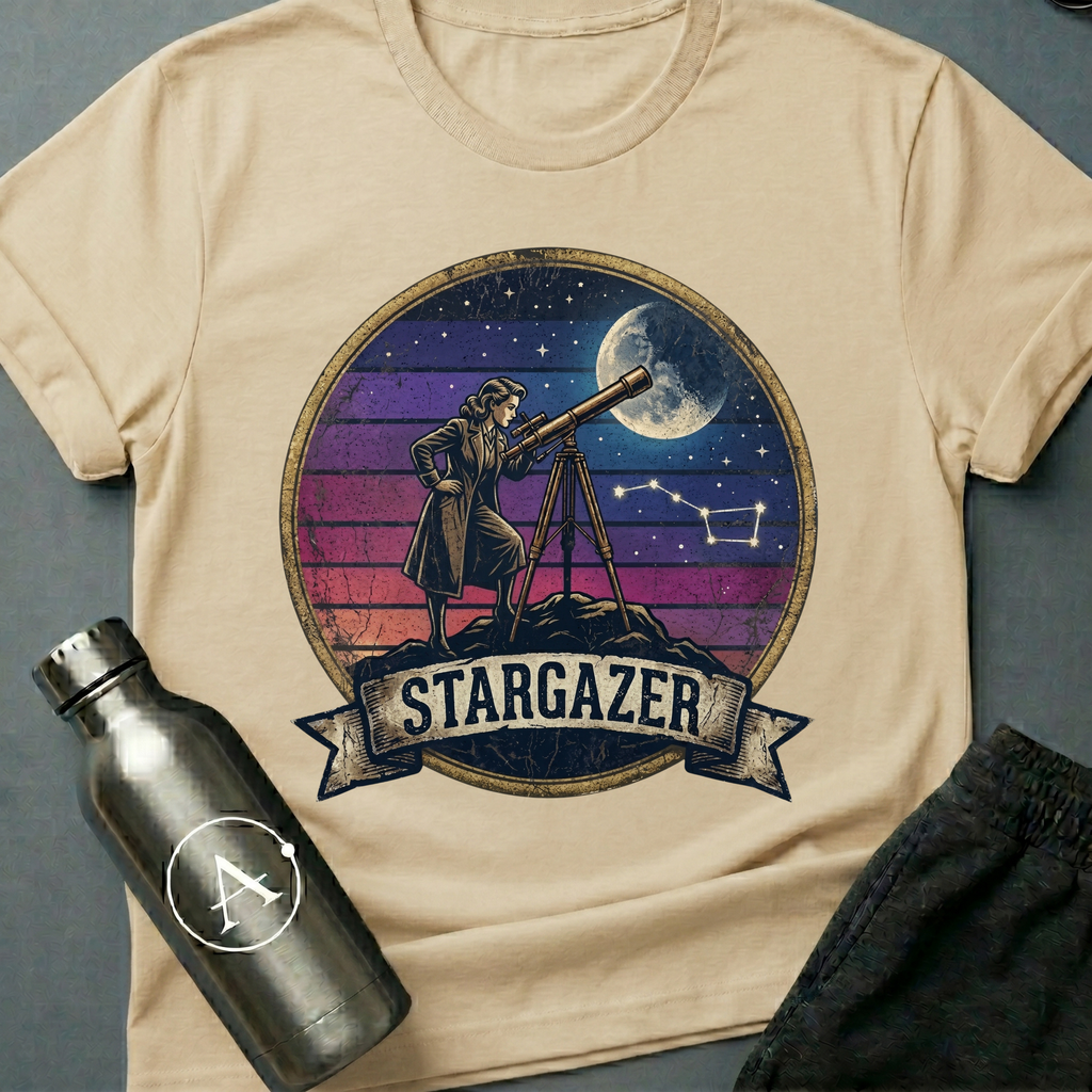 Backyard Astronomer (F) sci-fi t-shirt — a vintage figure at a tripod telescope under a starry sky with a sunset-stripes sun behind — Natural unisex tee — Apsion Outpost