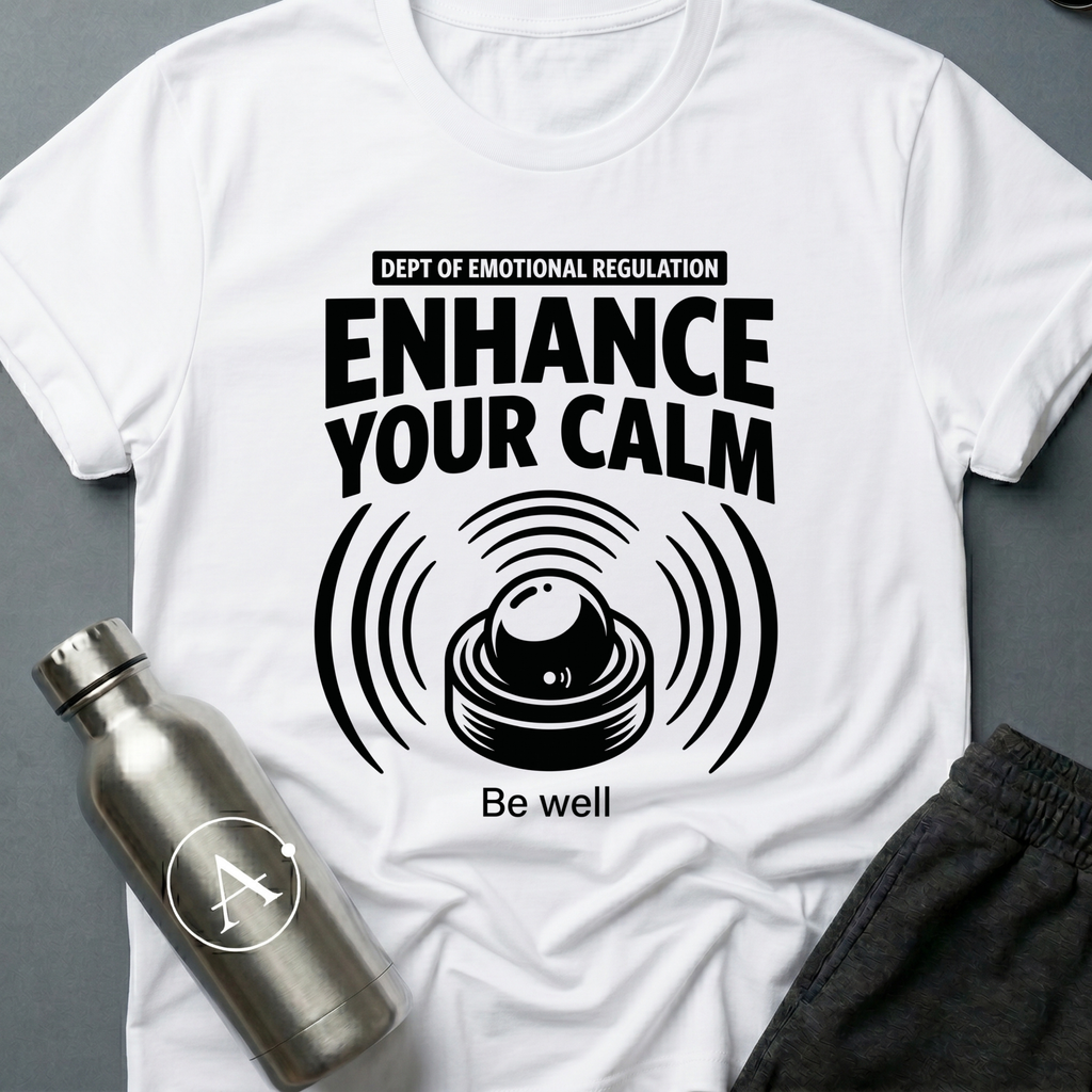 Compulsory Chill sci-fi t-shirt — a state-issued sonic calming device emitting wellness compliance signals — White unisex tee — Apsion Outpost