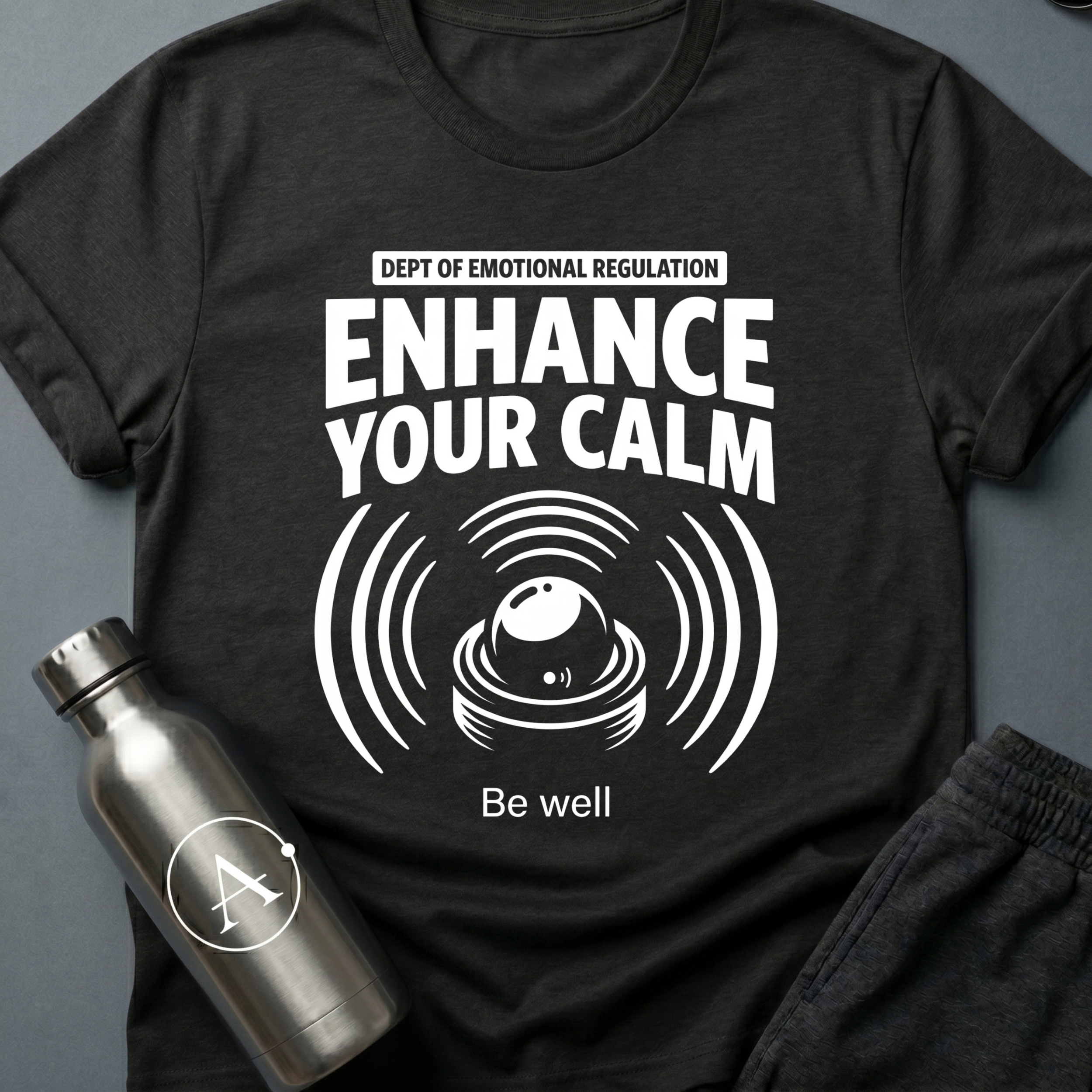 Compulsory Chill sci-fi t-shirt — a state-issued sonic calming device emitting wellness compliance signals — Black unisex tee — Apsion Outpost