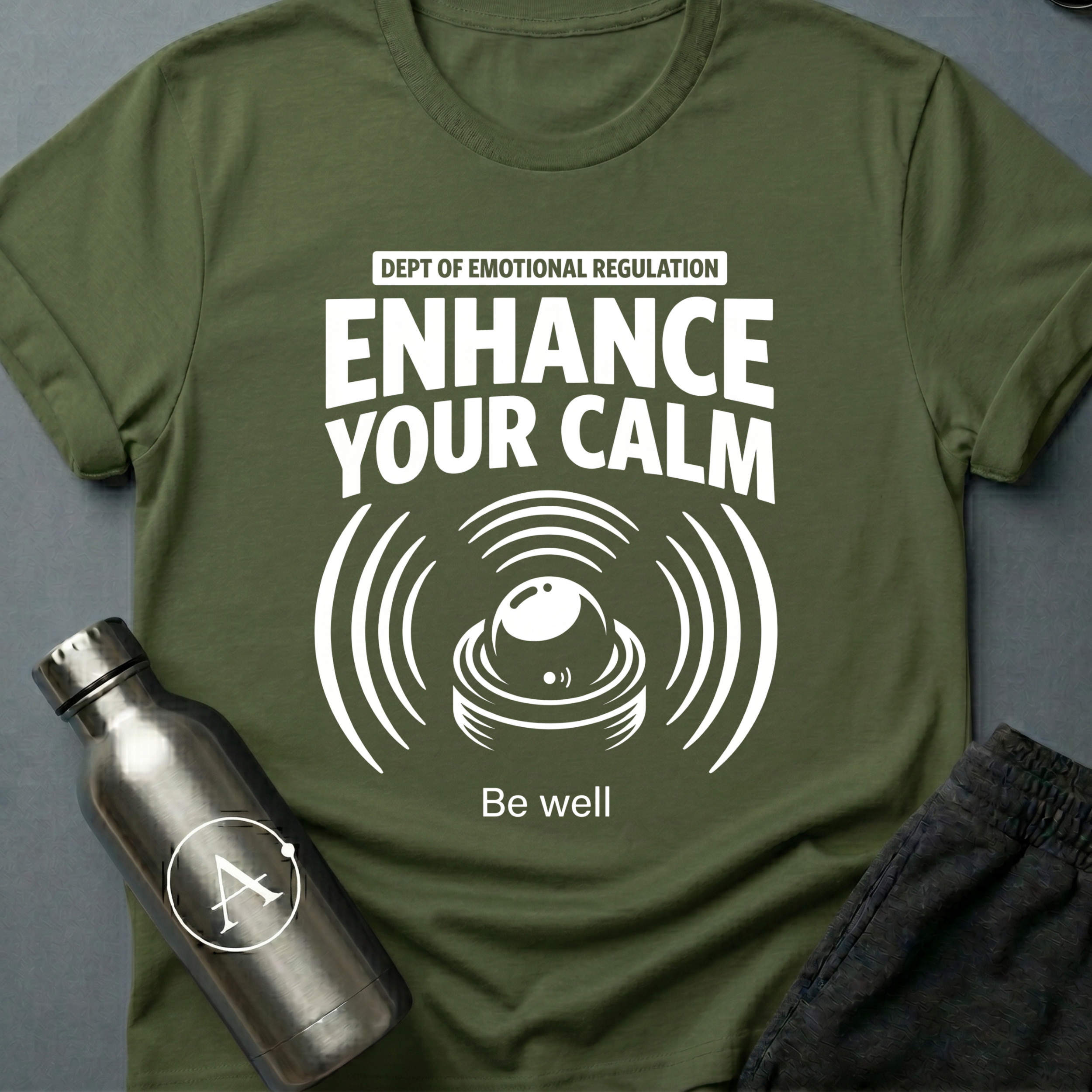 Compulsory Chill sci-fi t-shirt — a state-issued sonic calming device emitting wellness compliance signals — Military Green unisex tee — Apsion Outpost