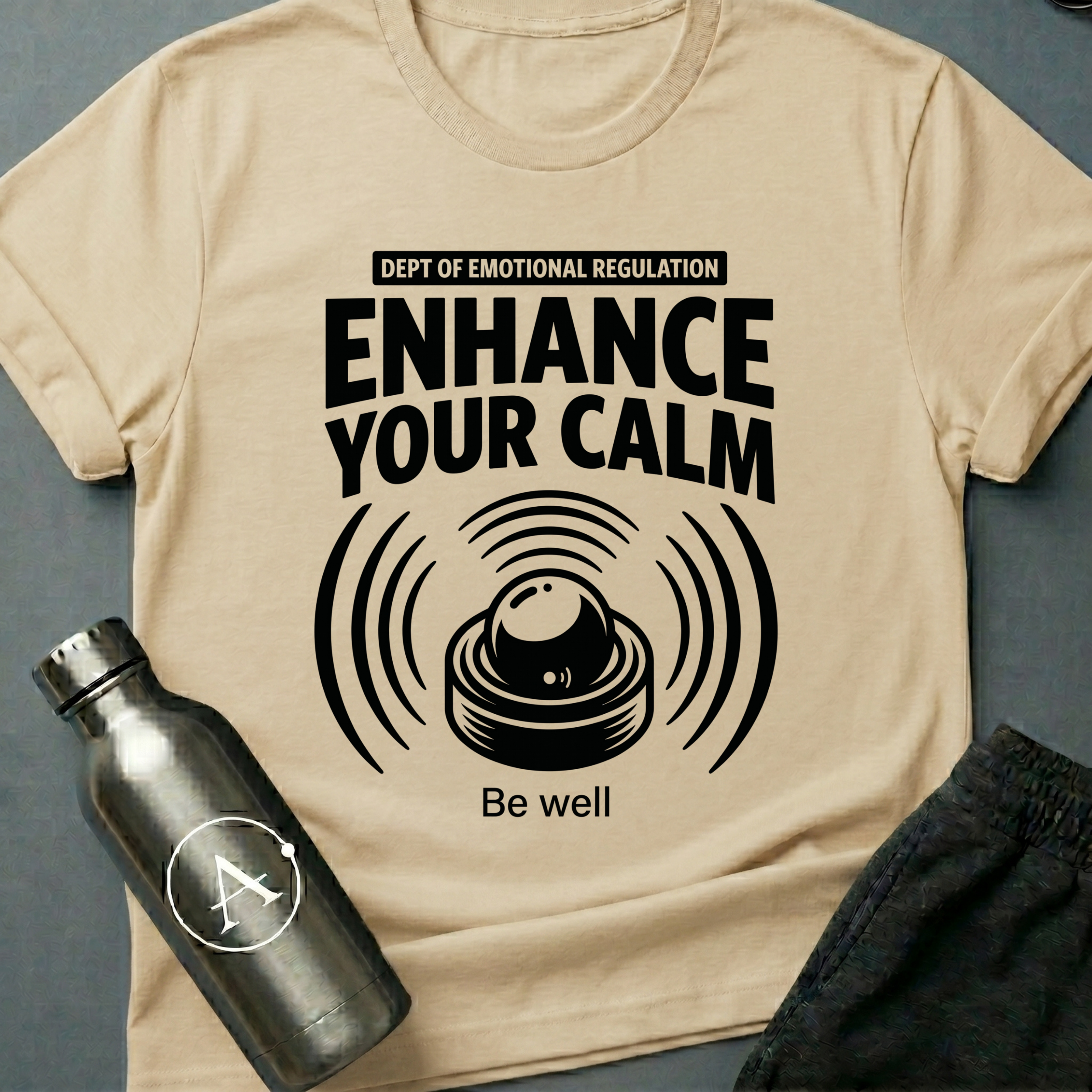 Compulsory Chill sci-fi t-shirt — a state-issued sonic calming device emitting wellness compliance signals — Natural unisex tee — Apsion Outpost