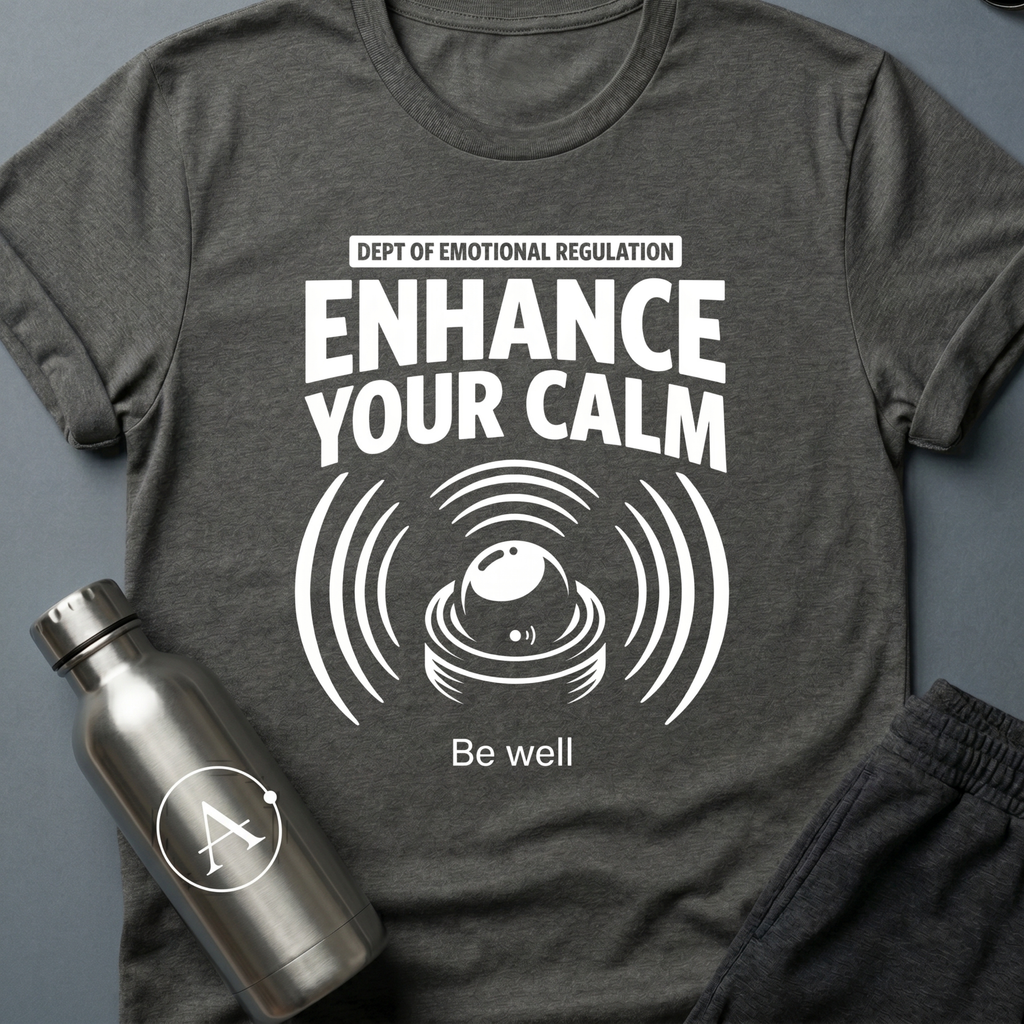 Compulsory Chill sci-fi t-shirt — a state-issued sonic calming device emitting wellness compliance signals — Dark Heather unisex tee — Apsion Outpost
