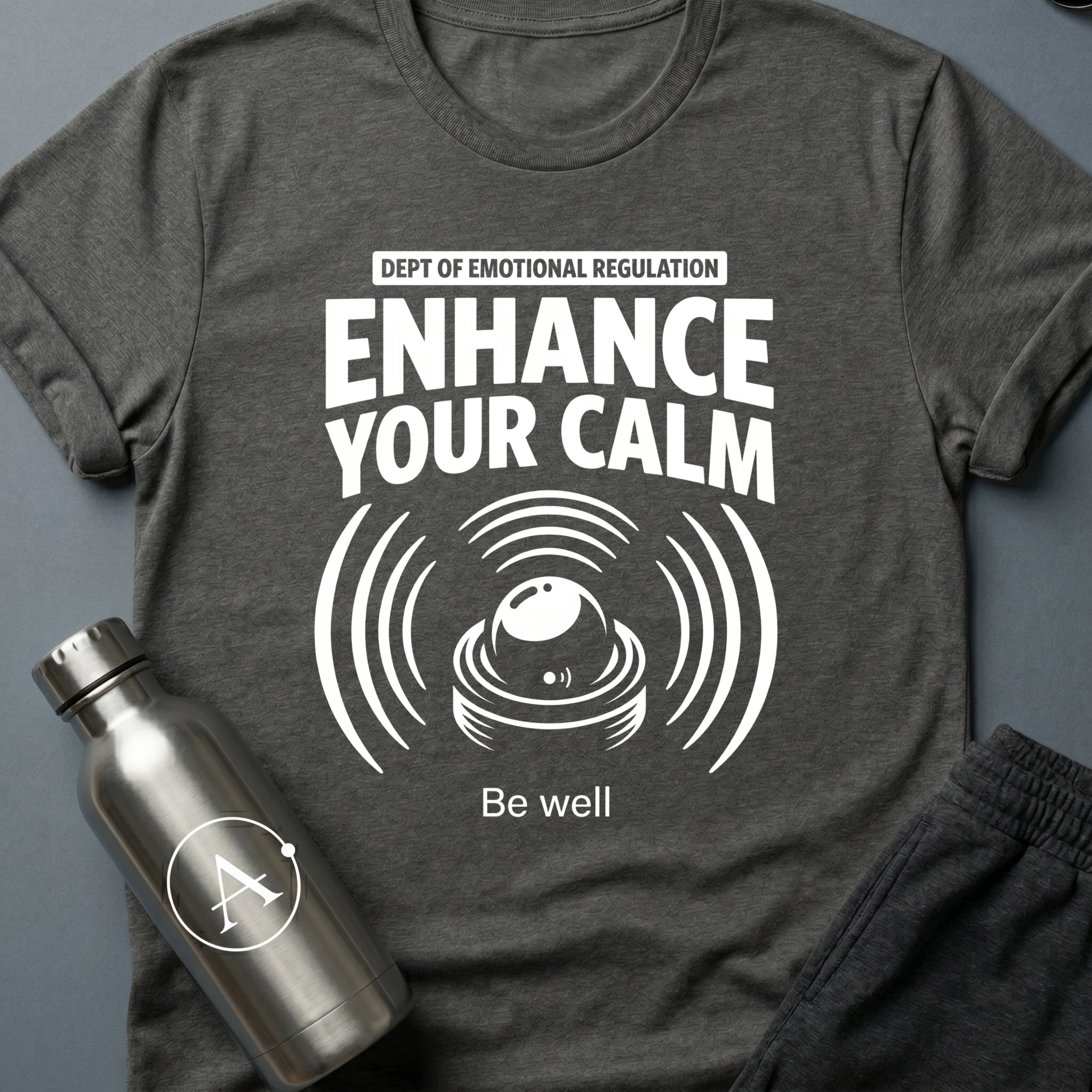 Compulsory Chill sci-fi t-shirt — a state-issued sonic calming device emitting wellness compliance signals — Dark Heather unisex tee — Apsion Outpost