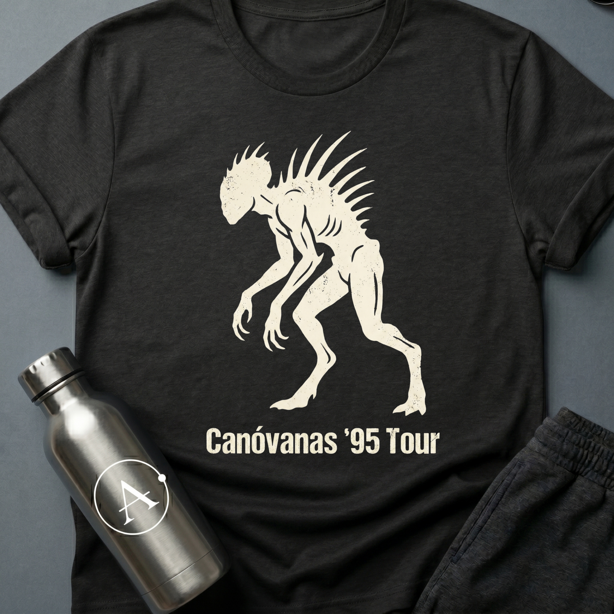 Canóvanas Encounter sci-fi t-shirt — a quill-spined chupacabra silhouette styled like a 1995 concert tour shirt — Black unisex tee — Apsion Outpost