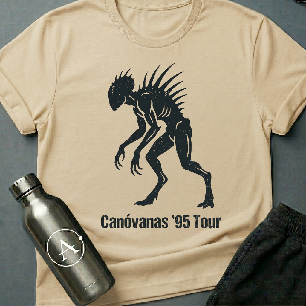 Canóvanas Encounter sci-fi t-shirt — a quill-spined chupacabra silhouette styled like a 1995 concert tour shirt — Natural unisex tee — Apsion Outpost