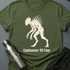 Canóvanas Encounter sci-fi t-shirt — a quill-spined chupacabra silhouette styled like a 1995 concert tour shirt — Military Green unisex tee — Apsion Outpost