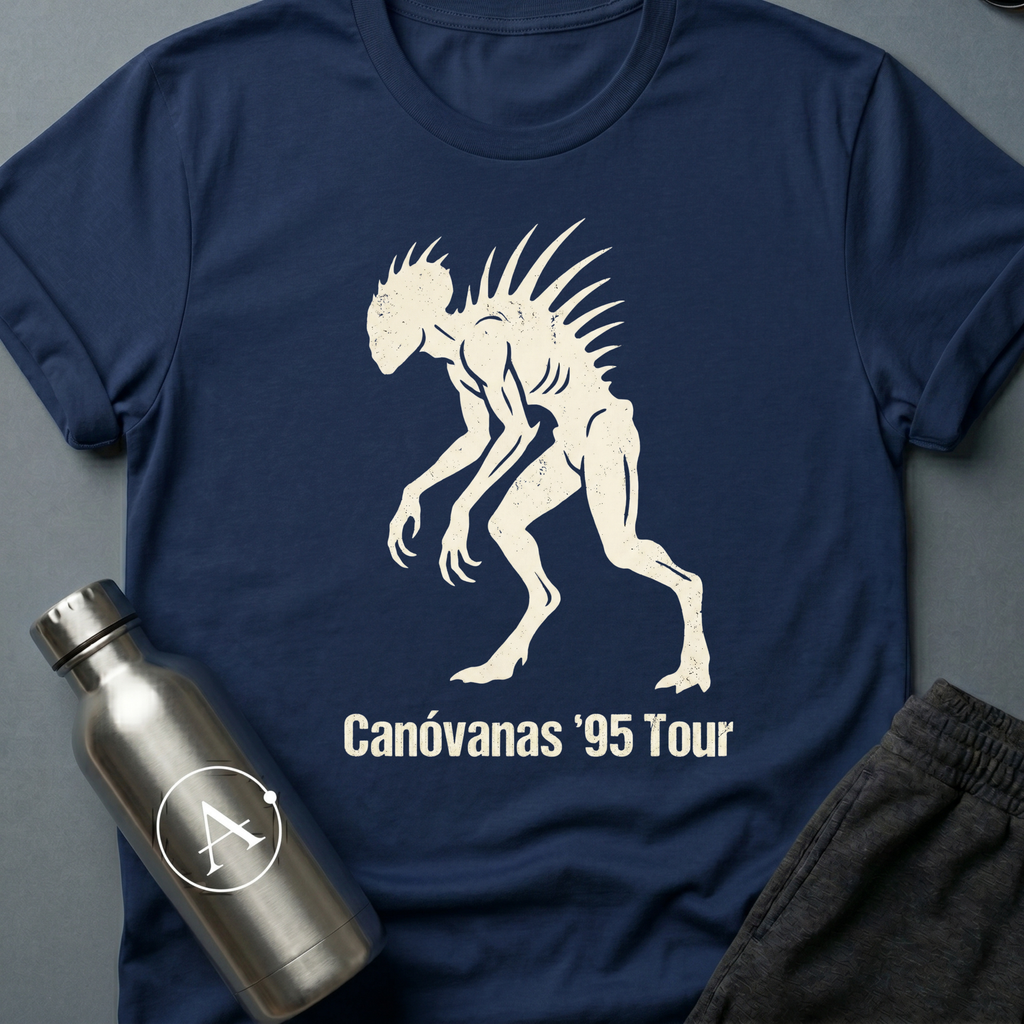 Canóvanas Encounter sci-fi t-shirt — a quill-spined chupacabra silhouette styled like a 1995 concert tour shirt — Navy unisex tee — Apsion Outpost