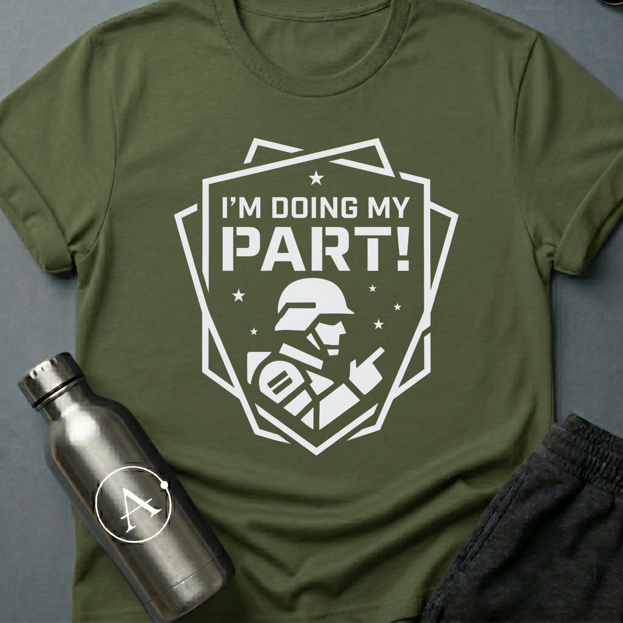 Citizen of the Month sci-fi t-shirt — a federation shield with a helmeted soldier and the recruiter's iconic propaganda line — Military Green unisex tee — Apsion Outpost