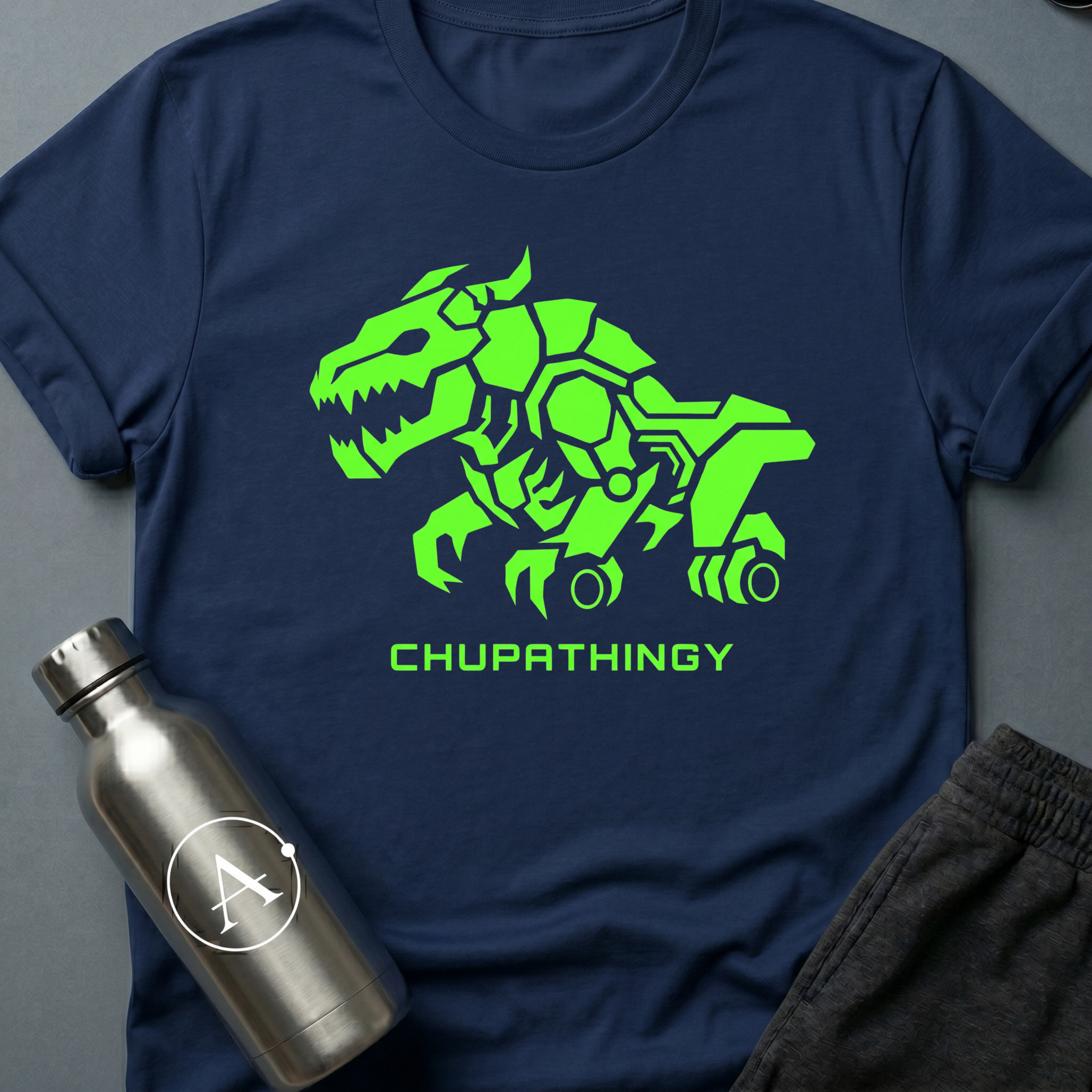 Don't Approach sci-fi t-shirt — a neon-green biomechanical chupacabra with apex-predator energy and a dropped Latin name — Navy unisex tee — Apsion Outpost