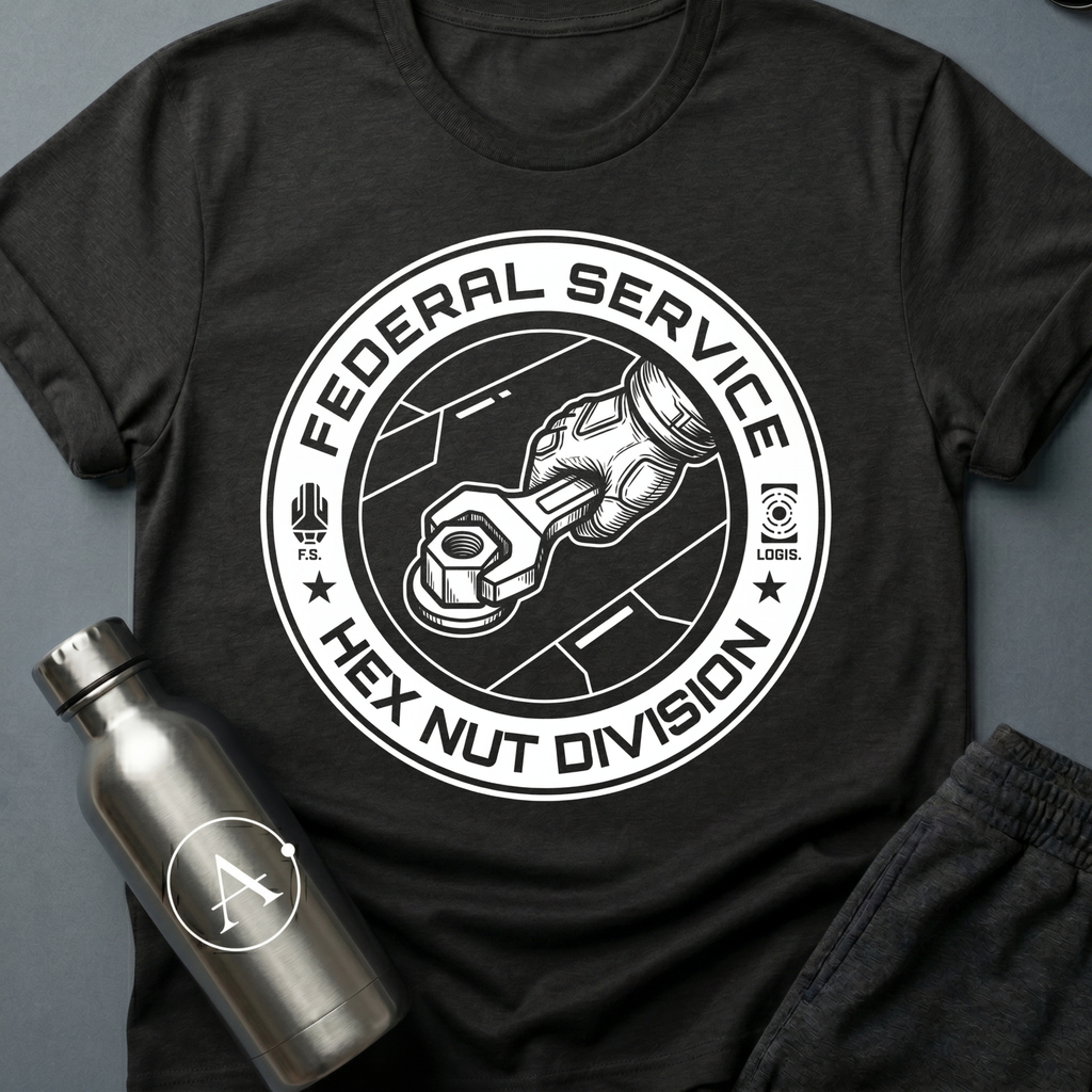 Mundane Duty sci-fi t-shirt — a circular Federal Service emblem of a gauntleted hand turning a wrench on a hex nut — Black unisex tee — Apsion Outpost