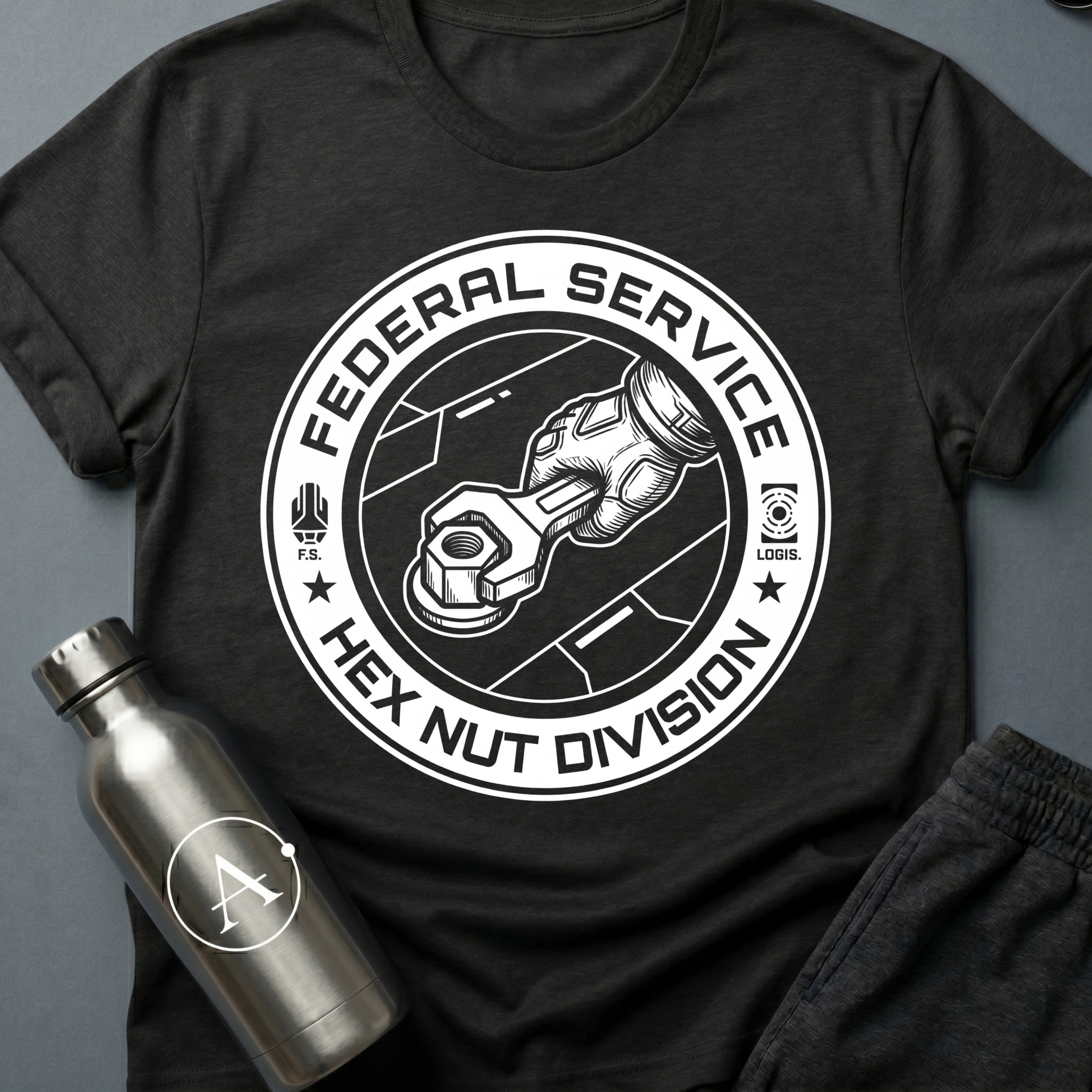 Mundane Duty sci-fi t-shirt — a circular Federal Service emblem of a gauntleted hand turning a wrench on a hex nut — Black unisex tee — Apsion Outpost