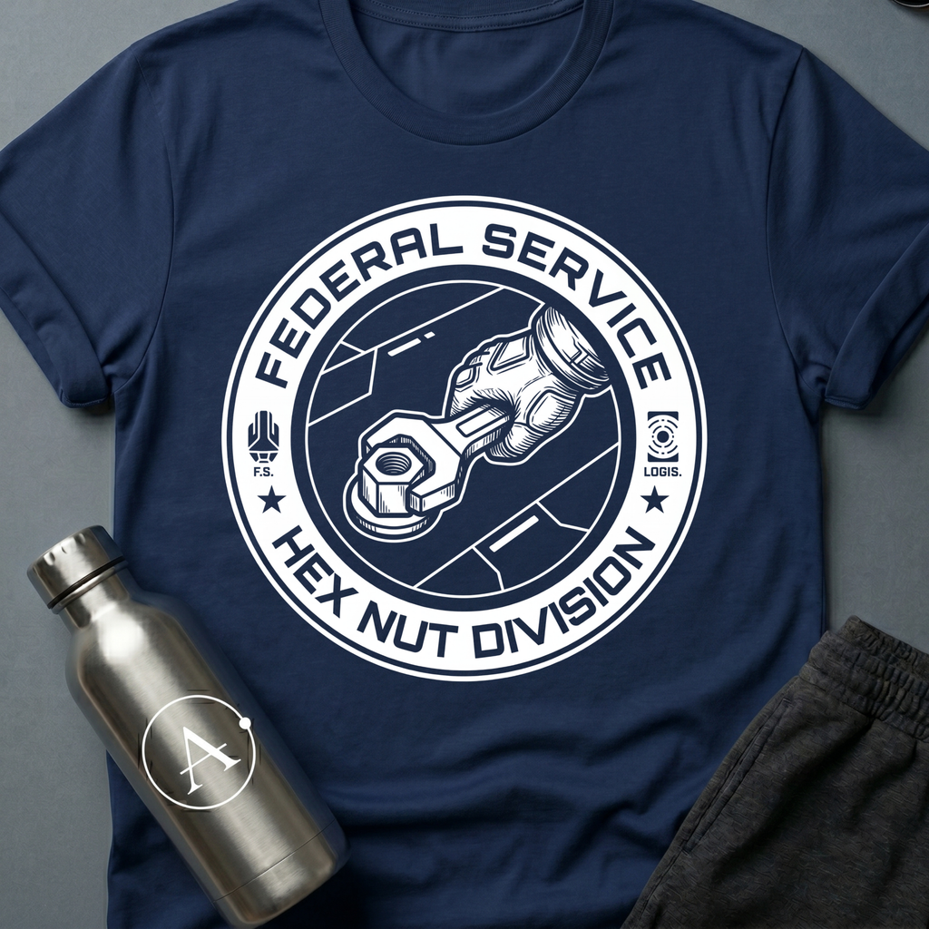 Mundane Duty sci-fi t-shirt — a circular Federal Service emblem of a gauntleted hand turning a wrench on a hex nut — Navy unisex tee — Apsion Outpost