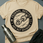 Mundane Duty sci-fi t-shirt — a circular Federal Service emblem of a gauntleted hand turning a wrench on a hex nut — Natural unisex tee — Apsion Outpost