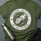 Mundane Duty sci-fi t-shirt — a circular Federal Service emblem of a gauntleted hand turning a wrench on a hex nut — Military Green unisex tee — Apsion Outpost