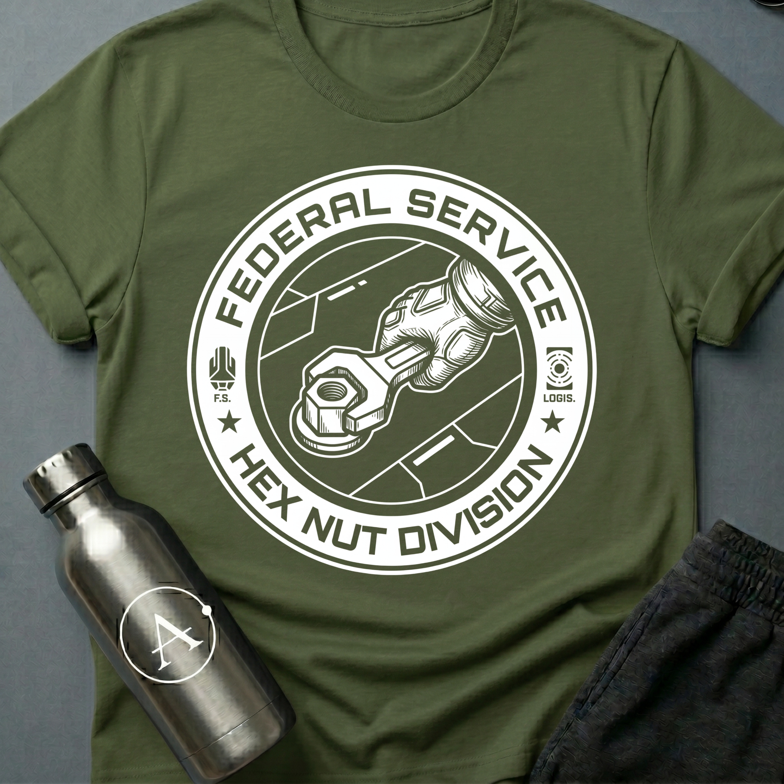 Mundane Duty sci-fi t-shirt — a circular Federal Service emblem of a gauntleted hand turning a wrench on a hex nut — Military Green unisex tee — Apsion Outpost