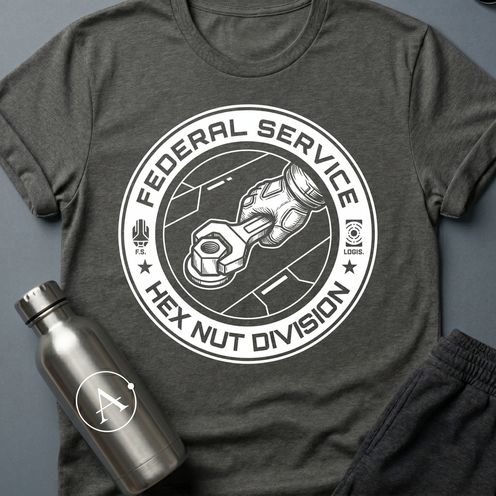 Mundane Duty sci-fi t-shirt — a circular Federal Service emblem of a gauntleted hand turning a wrench on a hex nut — Dark Heather unisex tee — Apsion Outpost