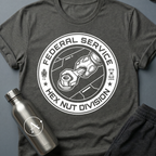 Mundane Duty sci-fi t-shirt — a circular Federal Service emblem of a gauntleted hand turning a wrench on a hex nut — Dark Heather unisex tee — Apsion Outpost