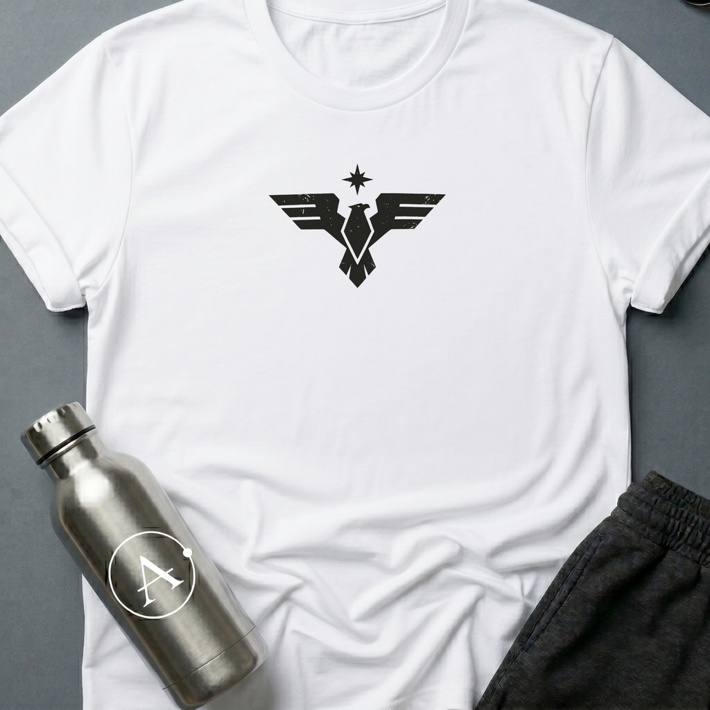 Service Year One sci-fi t-shirt — a clean federation eagle insignia with a compass-star above — White unisex tee — Apsion Outpost