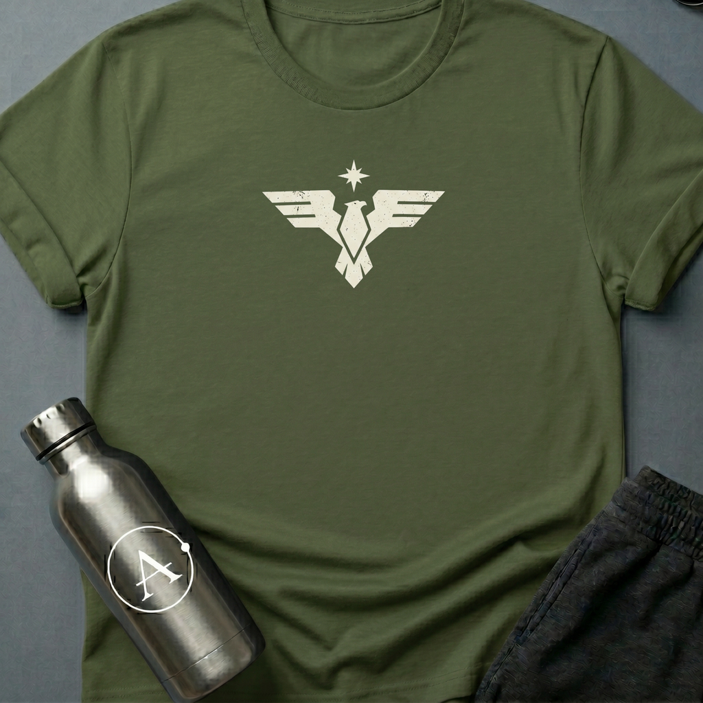 Service Year One sci-fi t-shirt — a clean federation eagle insignia with a compass-star above — Military Green unisex tee — Apsion Outpost