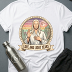 Astral Wellness Guru (M) sci-fi t-shirt — a long-haired wellness guru blessing the cosmos, surrounded by pastel rainbow rays and sacred geometry — White unisex tee — Apsion Outpost