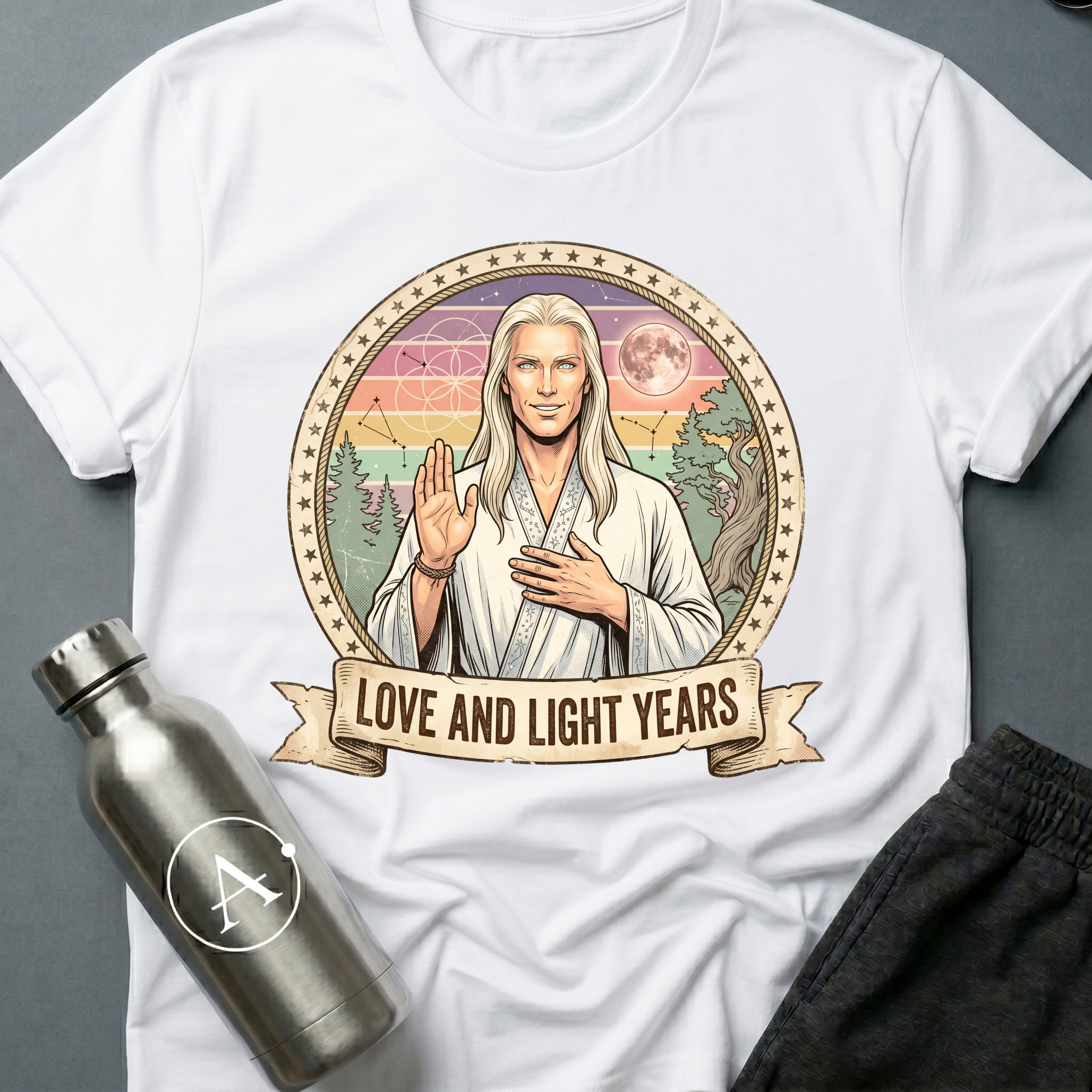 Astral Wellness Guru (M) sci-fi t-shirt — a long-haired wellness guru blessing the cosmos, surrounded by pastel rainbow rays and sacred geometry — White unisex tee — Apsion Outpost