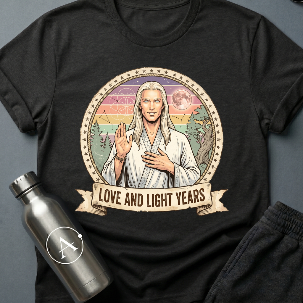 Astral Wellness Guru (M) sci-fi t-shirt — a long-haired wellness guru blessing the cosmos, surrounded by pastel rainbow rays and sacred geometry — Black unisex tee — Apsion Outpost