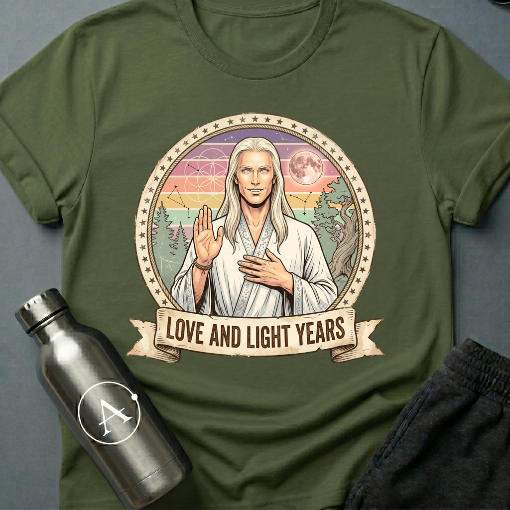 Astral Wellness Guru (M) sci-fi t-shirt — a long-haired wellness guru blessing the cosmos, surrounded by pastel rainbow rays and sacred geometry — Military Green unisex tee — Apsion Outpost