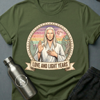 Astral Wellness Guru (M) sci-fi t-shirt — a long-haired wellness guru blessing the cosmos, surrounded by pastel rainbow rays and sacred geometry — Military Green unisex tee — Apsion Outpost