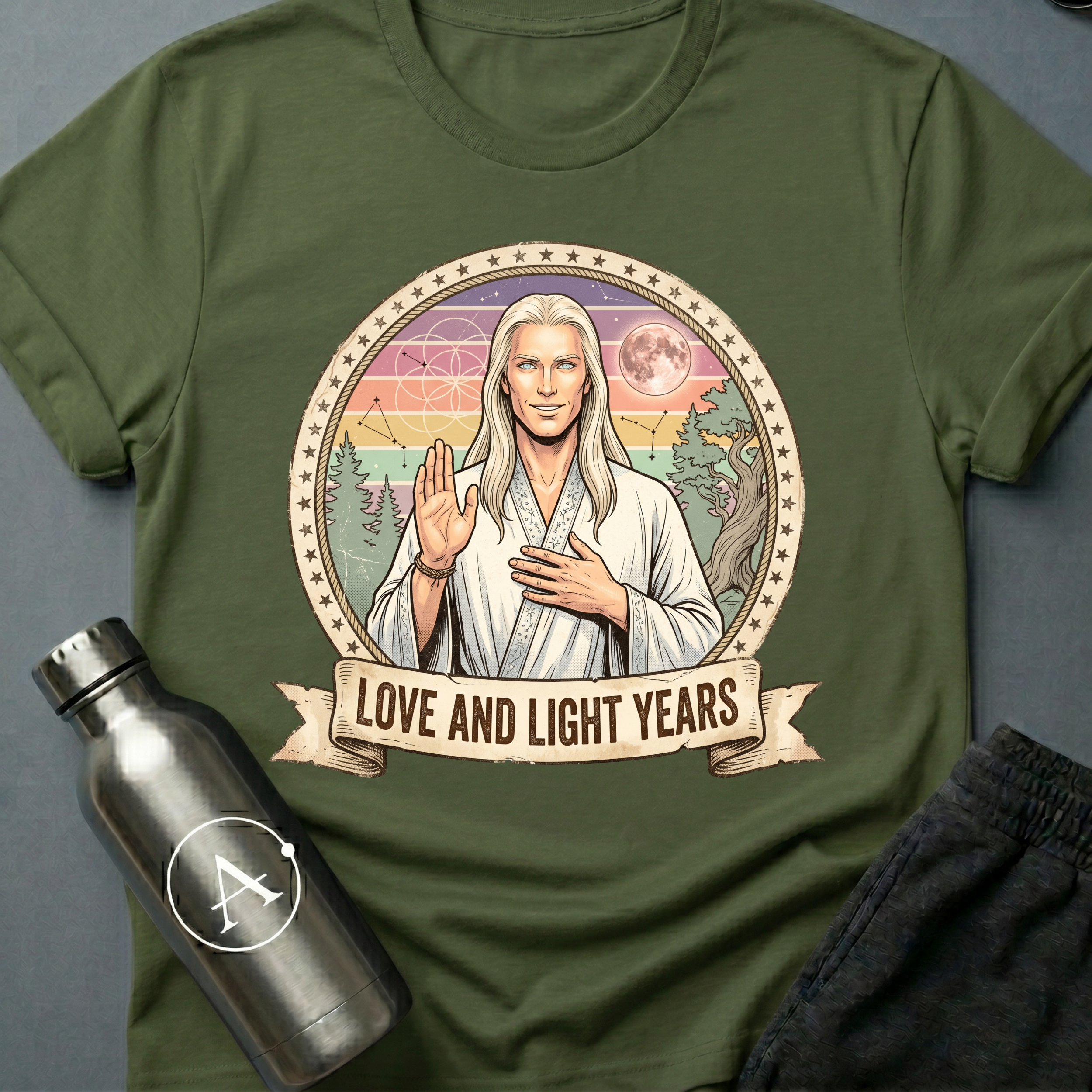 Astral Wellness Guru (M) sci-fi t-shirt — a long-haired wellness guru blessing the cosmos, surrounded by pastel rainbow rays and sacred geometry — Military Green unisex tee — Apsion Outpost