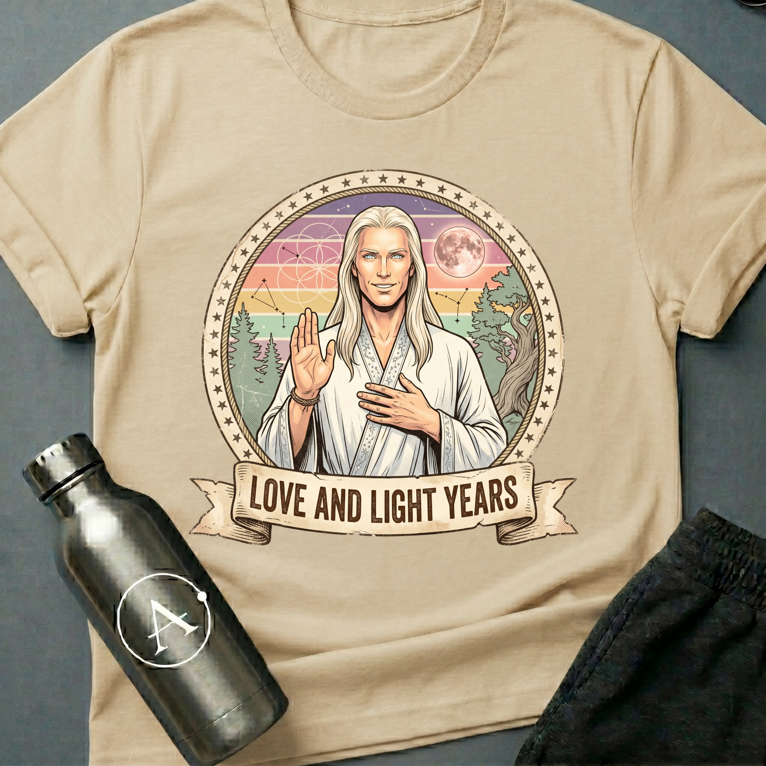 Astral Wellness Guru (M) sci-fi t-shirt — a long-haired wellness guru blessing the cosmos, surrounded by pastel rainbow rays and sacred geometry — Natural unisex tee — Apsion Outpost