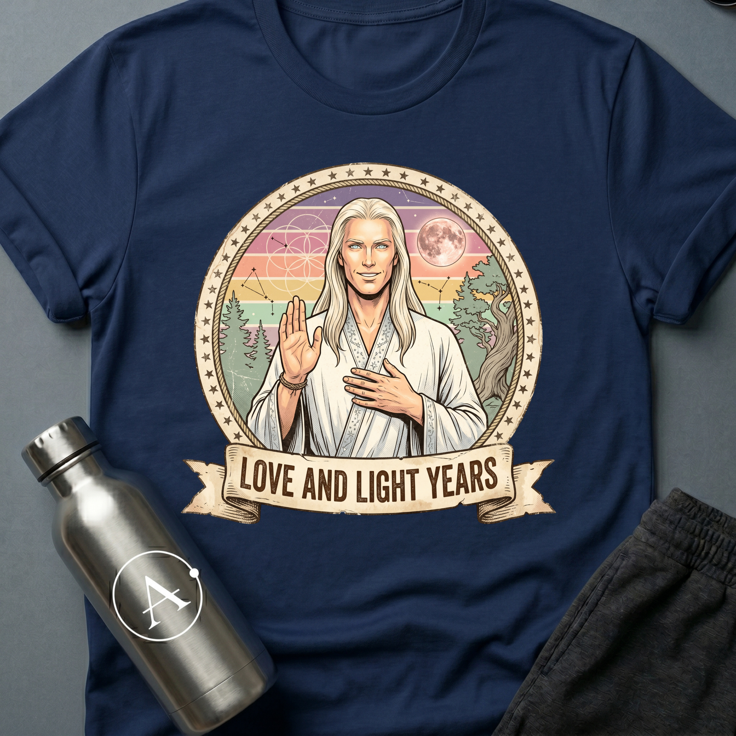 Astral Wellness Guru (M) sci-fi t-shirt — a long-haired wellness guru blessing the cosmos, surrounded by pastel rainbow rays and sacred geometry — Navy unisex tee — Apsion Outpost