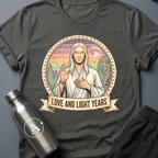 Astral Wellness Guru (M) sci-fi t-shirt — a long-haired wellness guru blessing the cosmos, surrounded by pastel rainbow rays and sacred geometry — Dark Heather unisex tee — Apsion Outpost