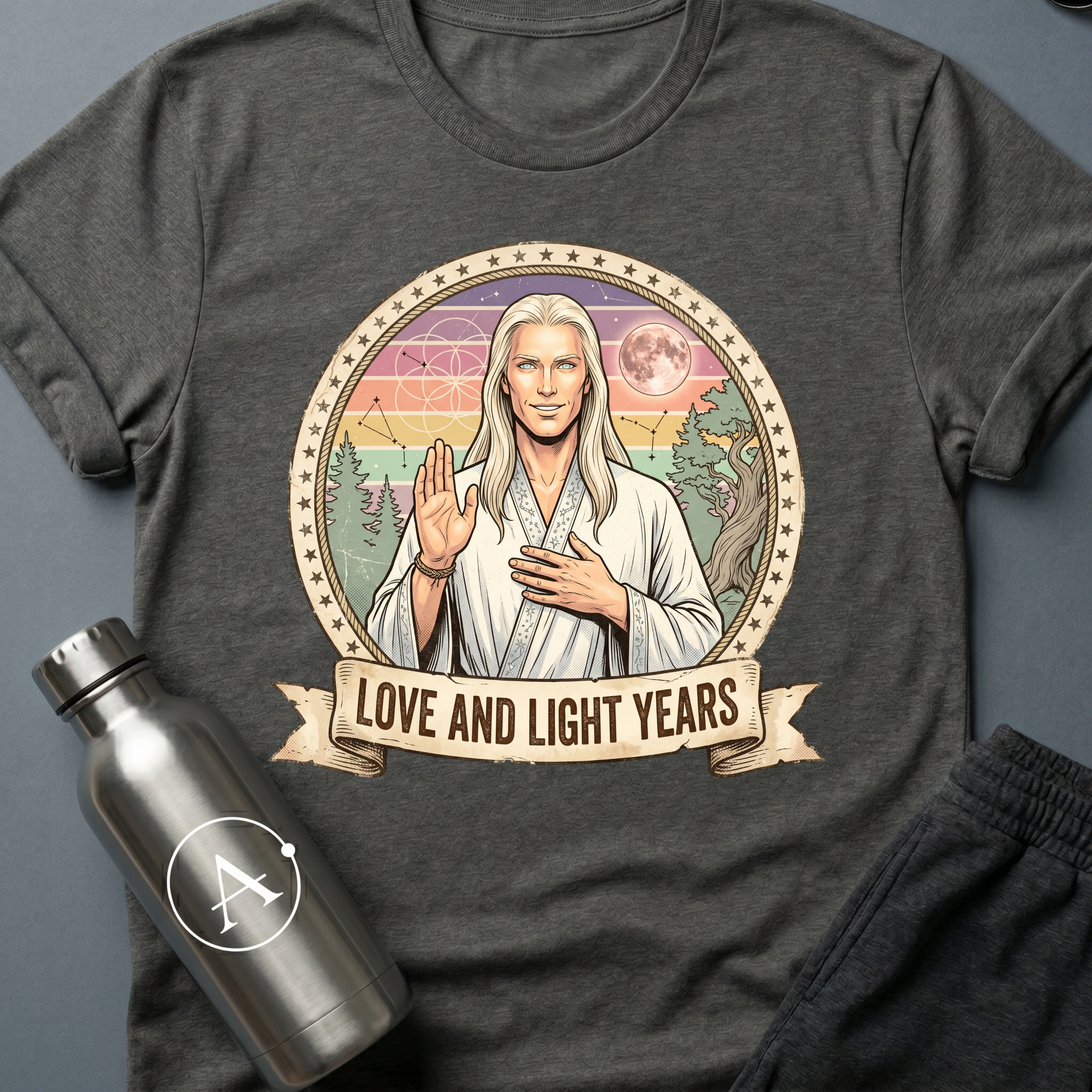 Astral Wellness Guru (M) sci-fi t-shirt — a long-haired wellness guru blessing the cosmos, surrounded by pastel rainbow rays and sacred geometry — Dark Heather unisex tee — Apsion Outpost