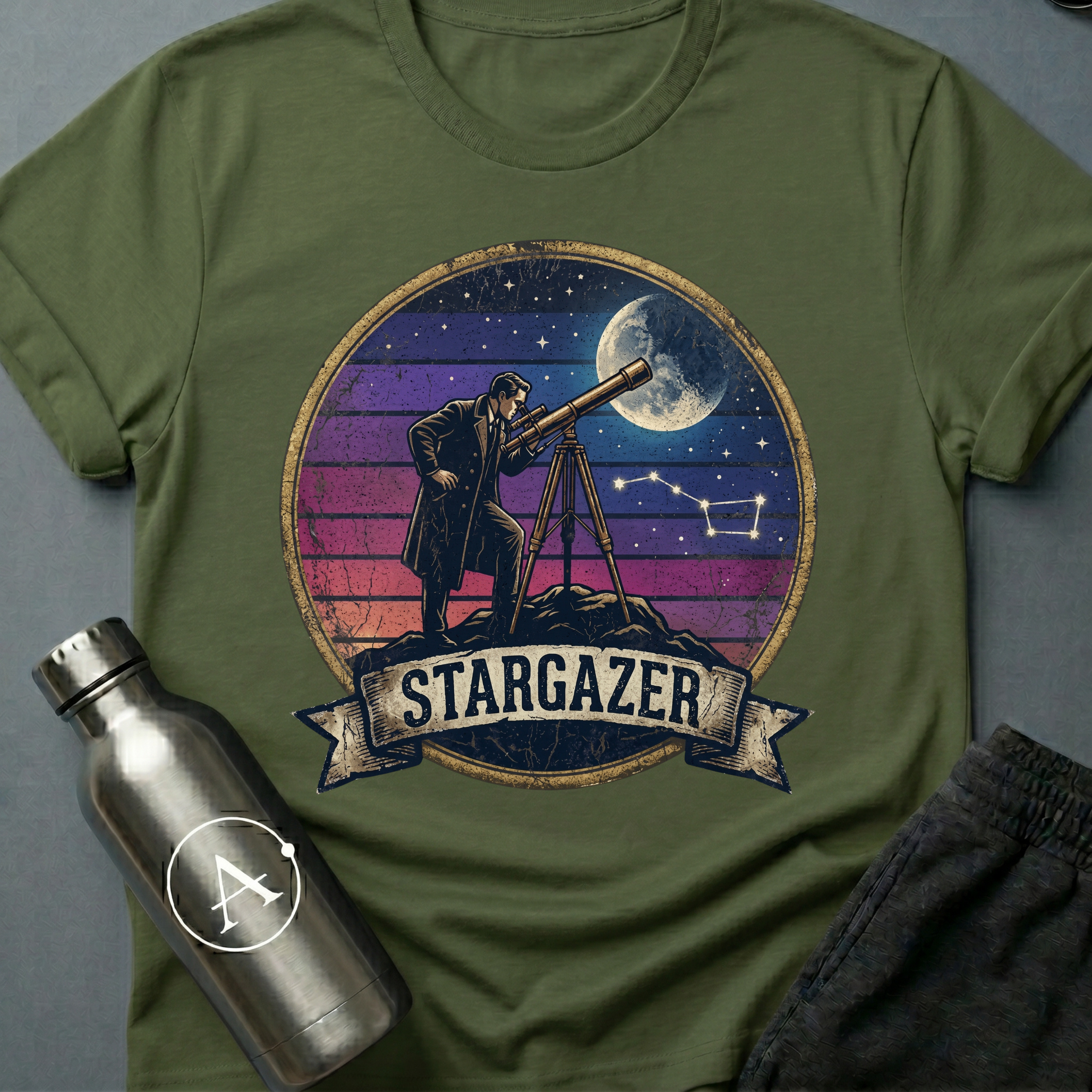 Backyard Astronomer (M) sci-fi t-shirt — a vintage figure at a tripod telescope under a starry sky with a sunset-stripes sun behind — Military Green unisex tee — Apsion Outpost