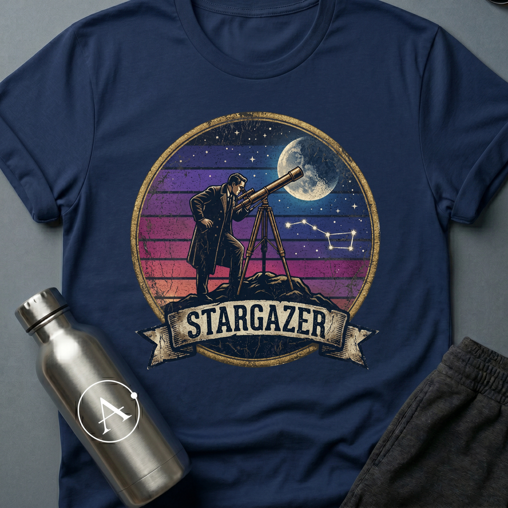 Backyard Astronomer (M) sci-fi t-shirt — a vintage figure at a tripod telescope under a starry sky with a sunset-stripes sun behind — Navy unisex tee — Apsion Outpost