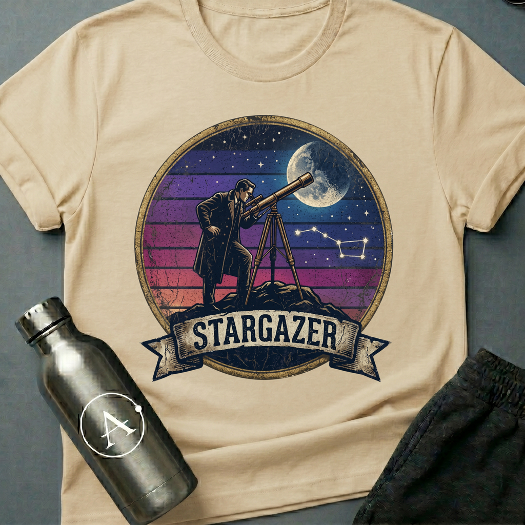 Backyard Astronomer (M) sci-fi t-shirt — a vintage figure at a tripod telescope under a starry sky with a sunset-stripes sun behind — Natural unisex tee — Apsion Outpost