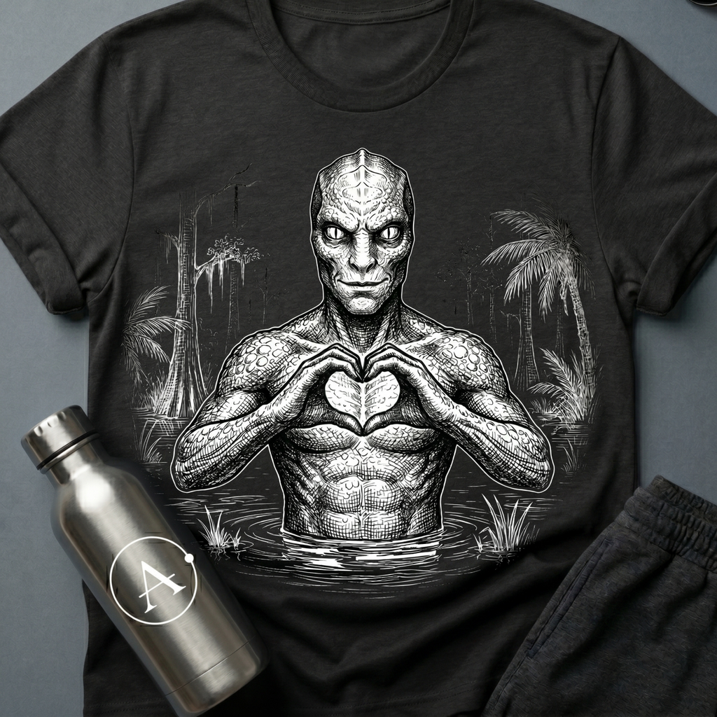 Soft Reign reptilian heart-hands tee on Black Apsion unisex Gildan 64000, flat lay