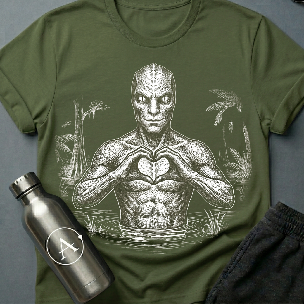 Soft Reign reptilian heart-hands tee on Military Green Apsion unisex Gildan 64000, flat lay